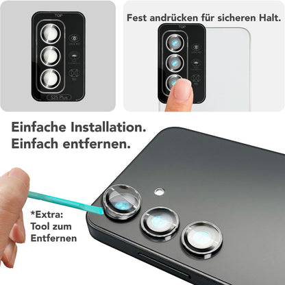 NALIA Glas Kameraschutzringe für Samsung Galaxy S25 Plus – Linsenschutz & Case Friendly – FOCUS.PRO CLX (9H Härtegrad & Montagerahmen) – Marke aus Berlin