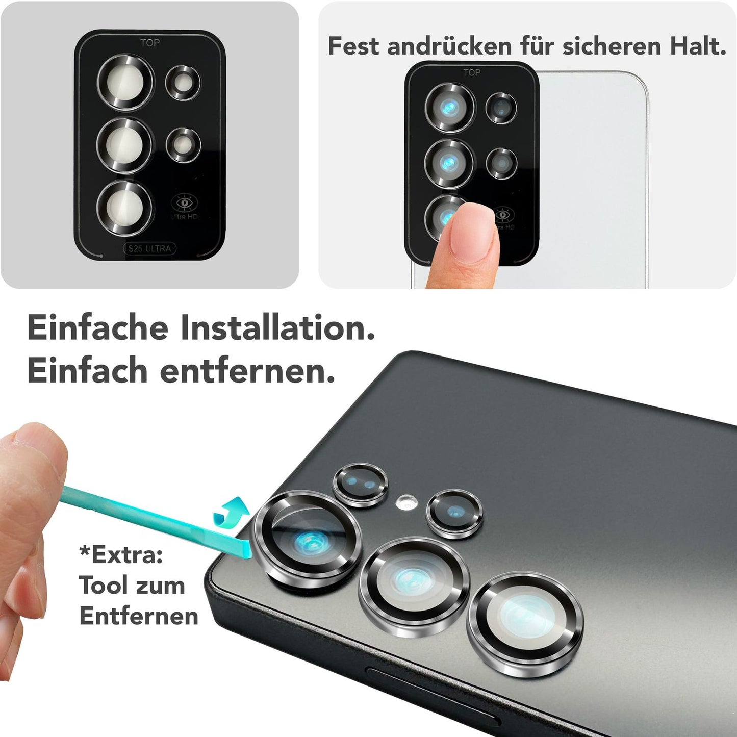 NALIA Glas Kameraschutzringe für Samsung Galaxy S25 Ultra – Linsenschutz & Case Friendly – FOCUS.PRO CLX (9H Härtegrad & Montagerahmen) – Marke aus Berlin