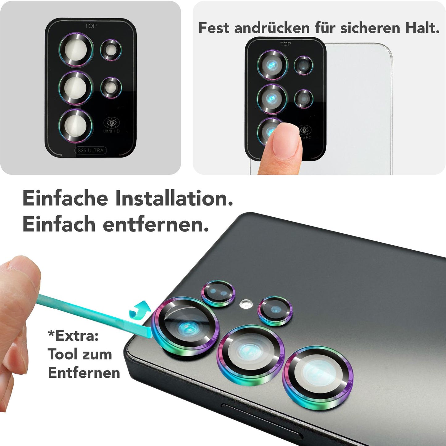 NALIA Glas Kameraschutzringe für Samsung Galaxy S25 Ultra – Linsenschutz & Case Friendly – FOCUS.PRO CLX (9H Härtegrad & Montagerahmen) – Marke aus Berlin