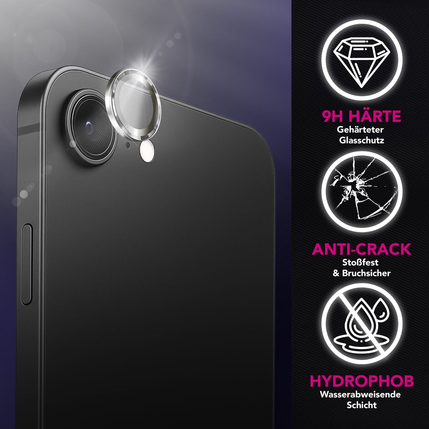 NALIA Glas Kameraschutzringe für iPhone 16e / 17e – Linsenschutz & Case Friendly – FOCUS.PRO CLX (9H Härtegrad & Montagerahmen) – Marke aus Berlin
