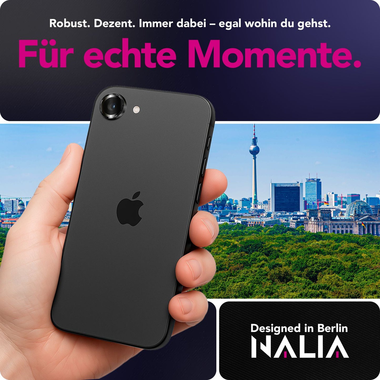 NALIA Glas Kameraschutzringe für iPhone 16e / 17e – Linsenschutz & Case Friendly – FOCUS.PRO CLX (9H Härtegrad & Montagerahmen) – Marke aus Berlin