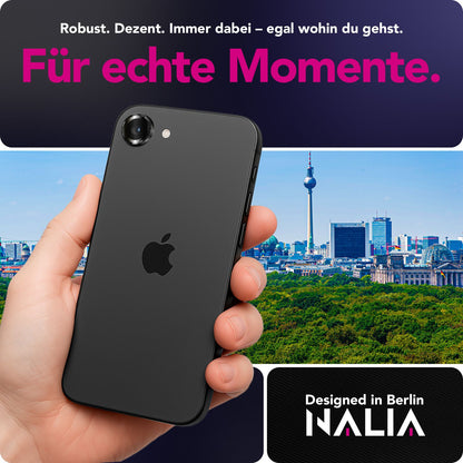 NALIA Glas Kameraschutzringe für iPhone 16e / 17e – Linsenschutz & Case Friendly – FOCUS.PRO CLX (9H Härtegrad & Montagerahmen) – Marke aus Berlin