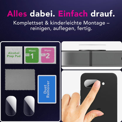 NALIA 2x Kameraschutzglas für Google Pixel 9a – Linsenschutz 9H & Case-Friendly – FOCUS.X2 MAX (HD-Echtglas Transparent) – Marke aus Berlin