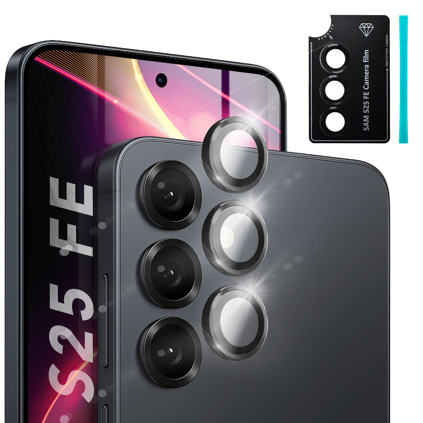 NALIA Glas Kameraschutzringe für Samsung Galaxy S25 FE – Linsenschutz & Case Friendly – FOCUS.PRO CLX (9H Härtegrad & Montagerahmen) – Marke aus Berlin