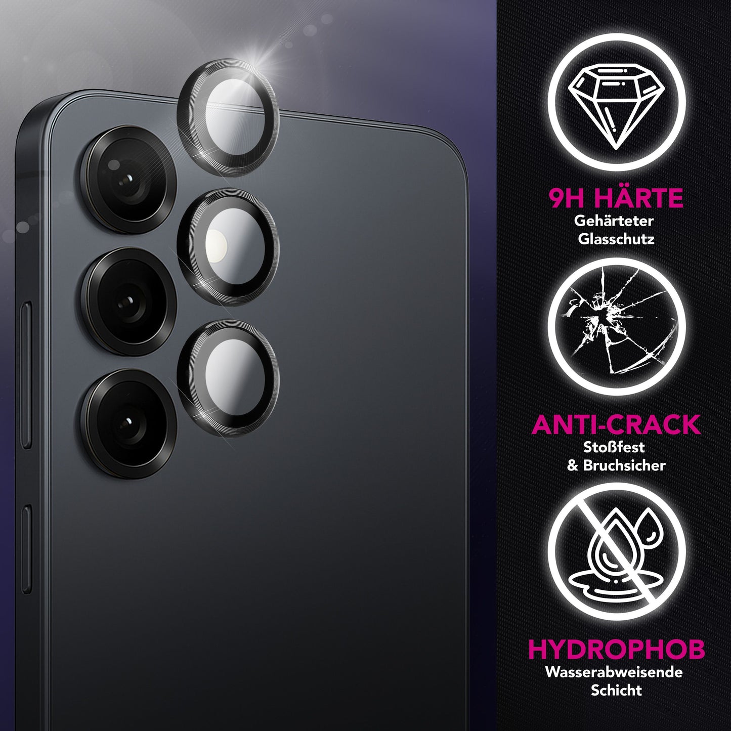 NALIA Glas Kameraschutzringe für Samsung Galaxy S25 FE – Linsenschutz & Case Friendly – FOCUS.PRO CLX (9H Härtegrad & Montagerahmen) – Marke aus Berlin