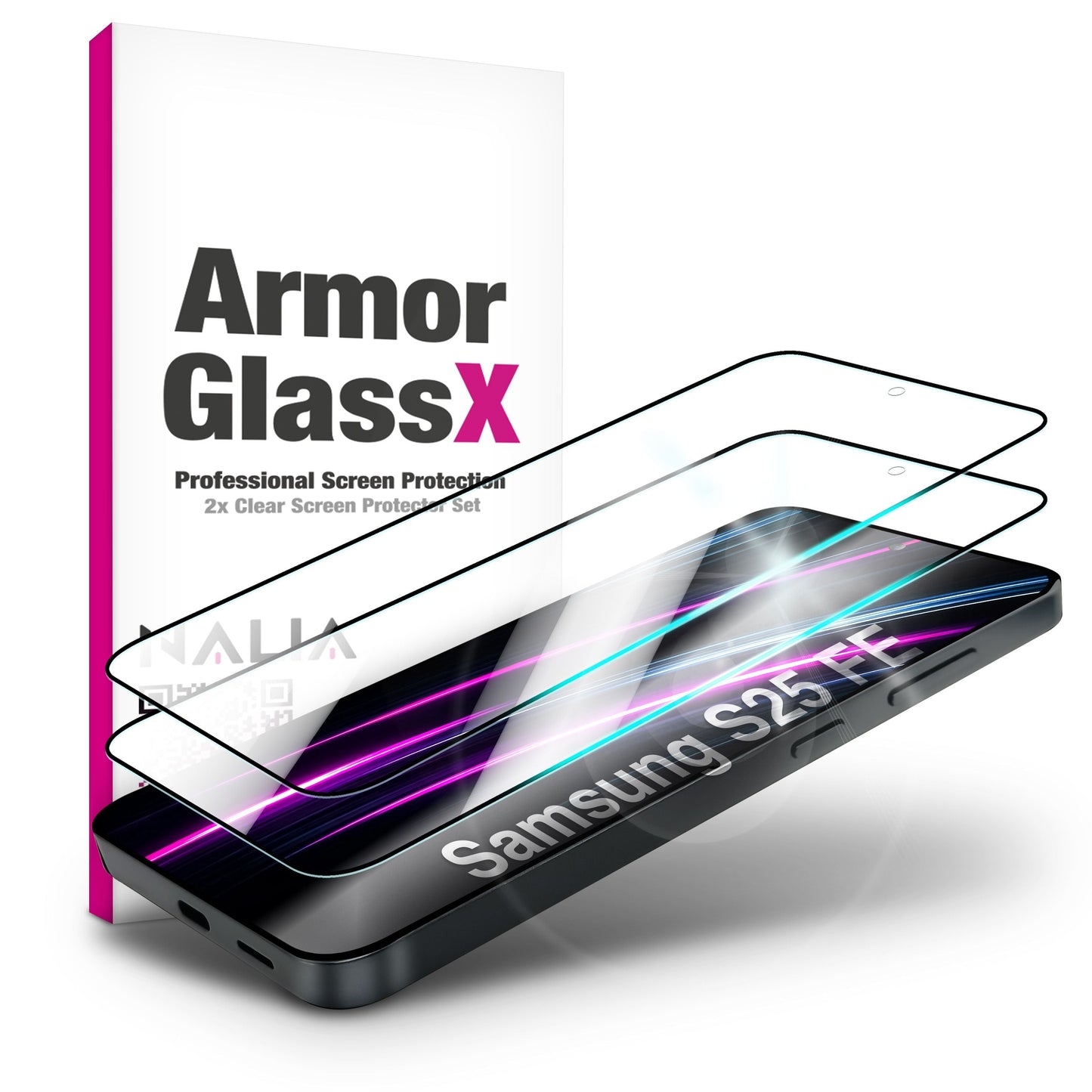 NALIA 2x Schutzglas für Samsung Galaxy S25 FE – Full-Screen Schutz 9H & Hüllenfreundlich – ARMORGLASSX (Display Glasfolie Transparent & 9H Härte) – Marke aus Berlin