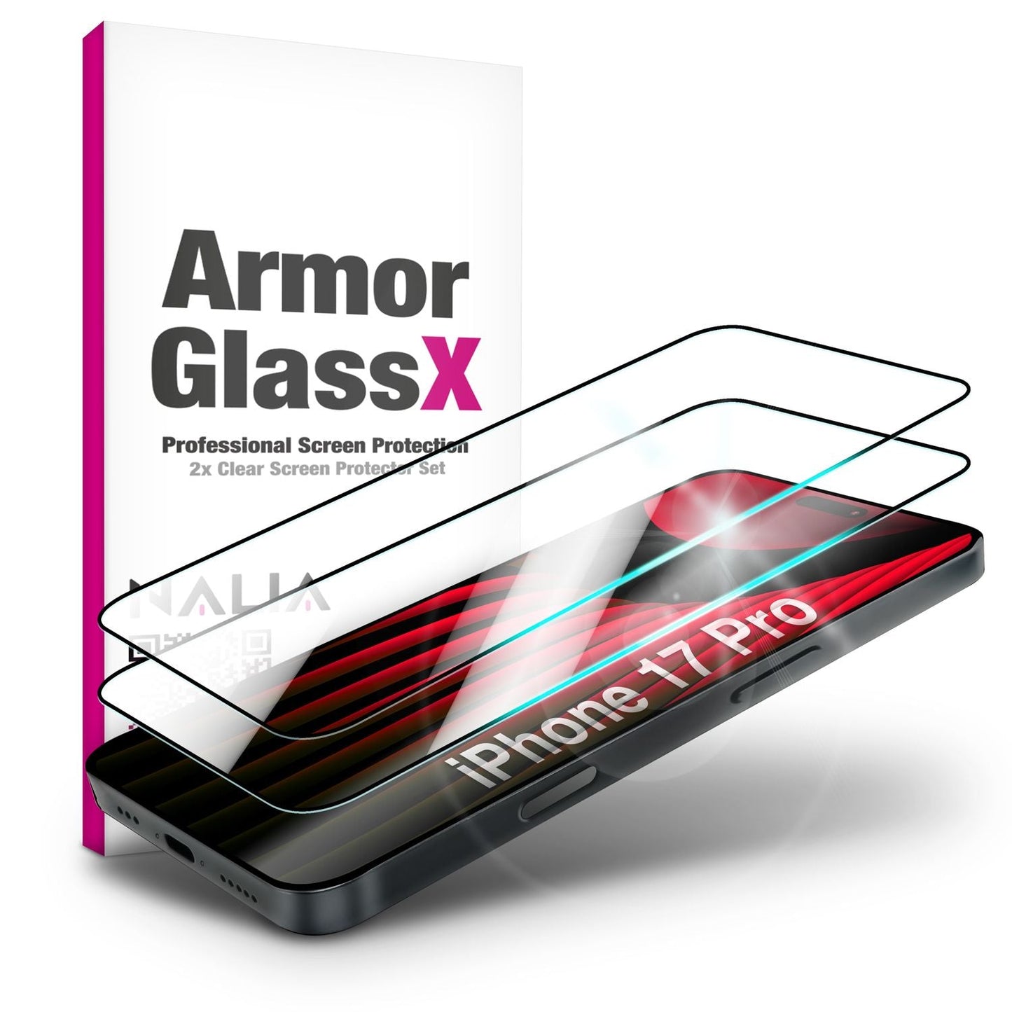 NALIA ArmorGlassX passend für Apple iPhone 17 Pro Glas (super klarer Displayschutz), 2x Schutzglas 9H Härte, Touch-sensitiv, Robust, Anti-Flecken, Splitterfrei, Case-kompatibel, schwarzer Rahmen