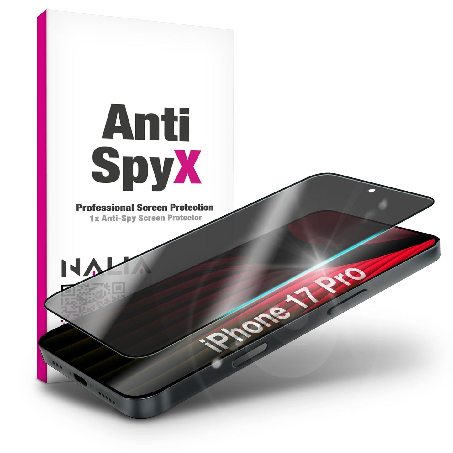 NALIA AntiSpyX passend für Apple iPhone 17 Pro Glas (Diskreter Blickschutz), Privacy Schutzglas mit 9H Härte, Anti-Spy Sichtschutz, Robust, Touch-sensitiv, Blasenfrei, Oleophob, Hüllen-freundlich