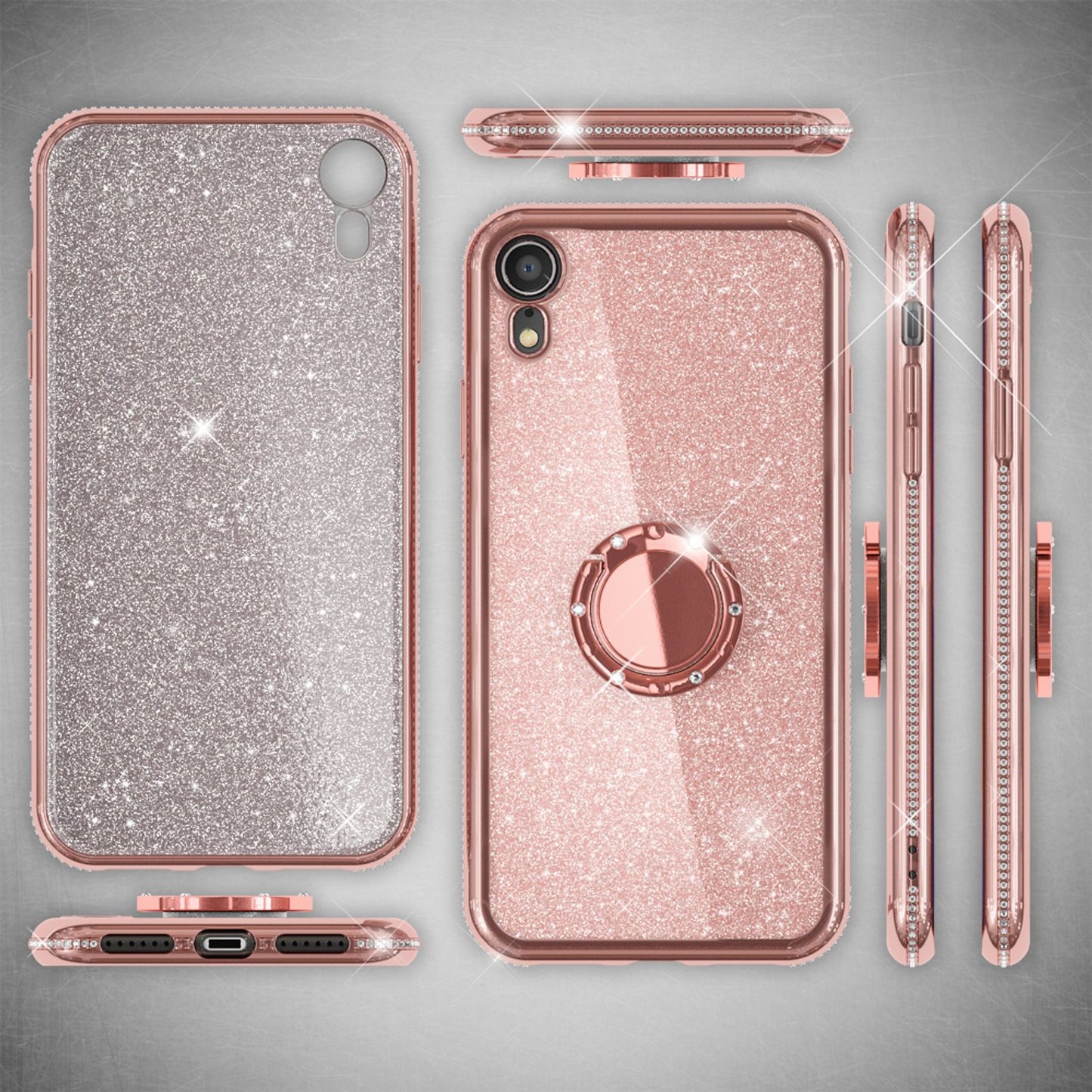 NALIA Ring Hülle kompatibel mit Apple iPhone XR, Glitzer Handyhülle Ultra-Slim Silikon Case Back-Cover mit 360-Grad Fingerhalterung, Schutzhülle Glitter Handy-Tasche Bumper Etui Skin