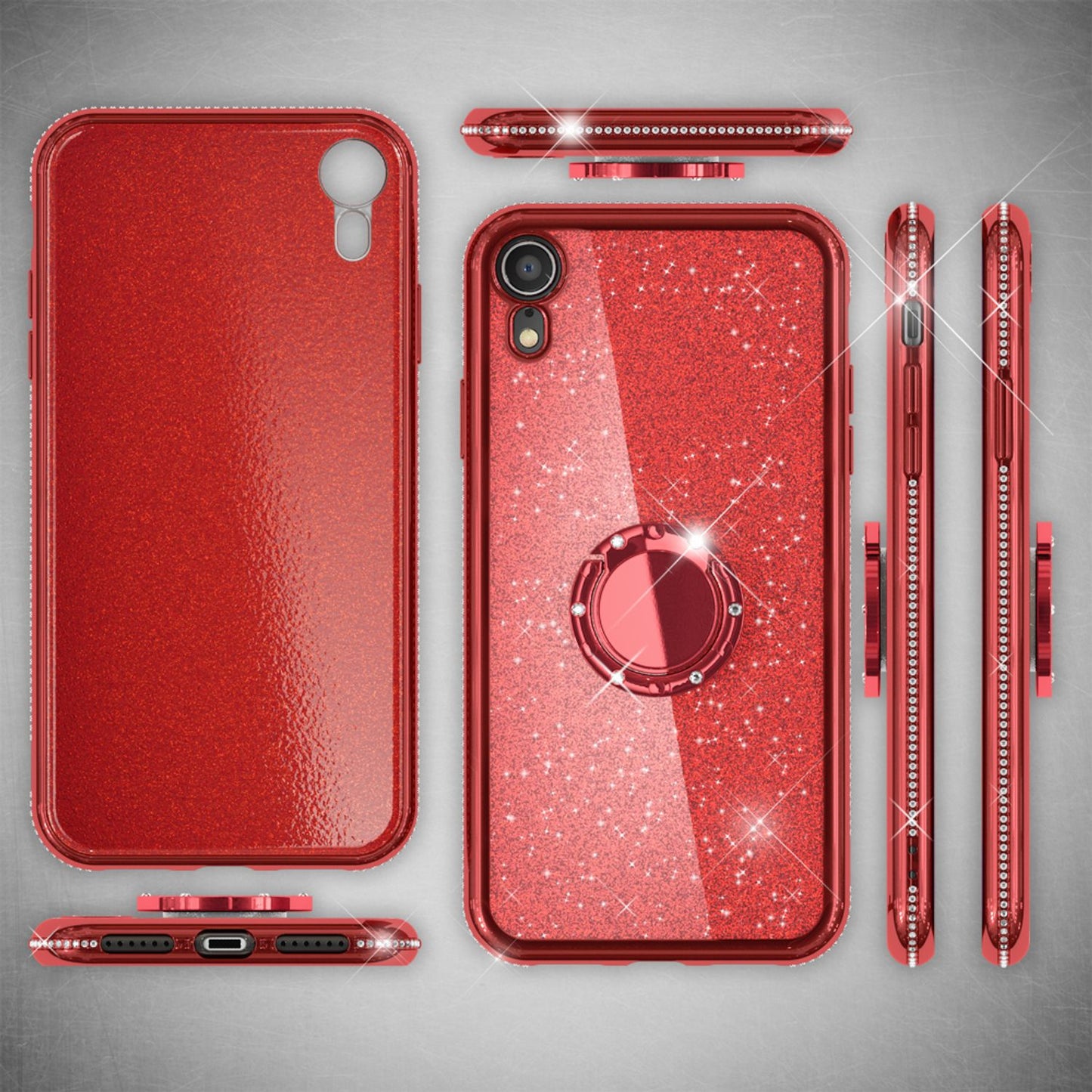 NALIA Ring Hülle kompatibel mit Apple iPhone XR, Glitzer Handyhülle Ultra-Slim Silikon Case Back-Cover mit 360-Grad Fingerhalterung, Schutzhülle Glitter Handy-Tasche Bumper Etui Skin