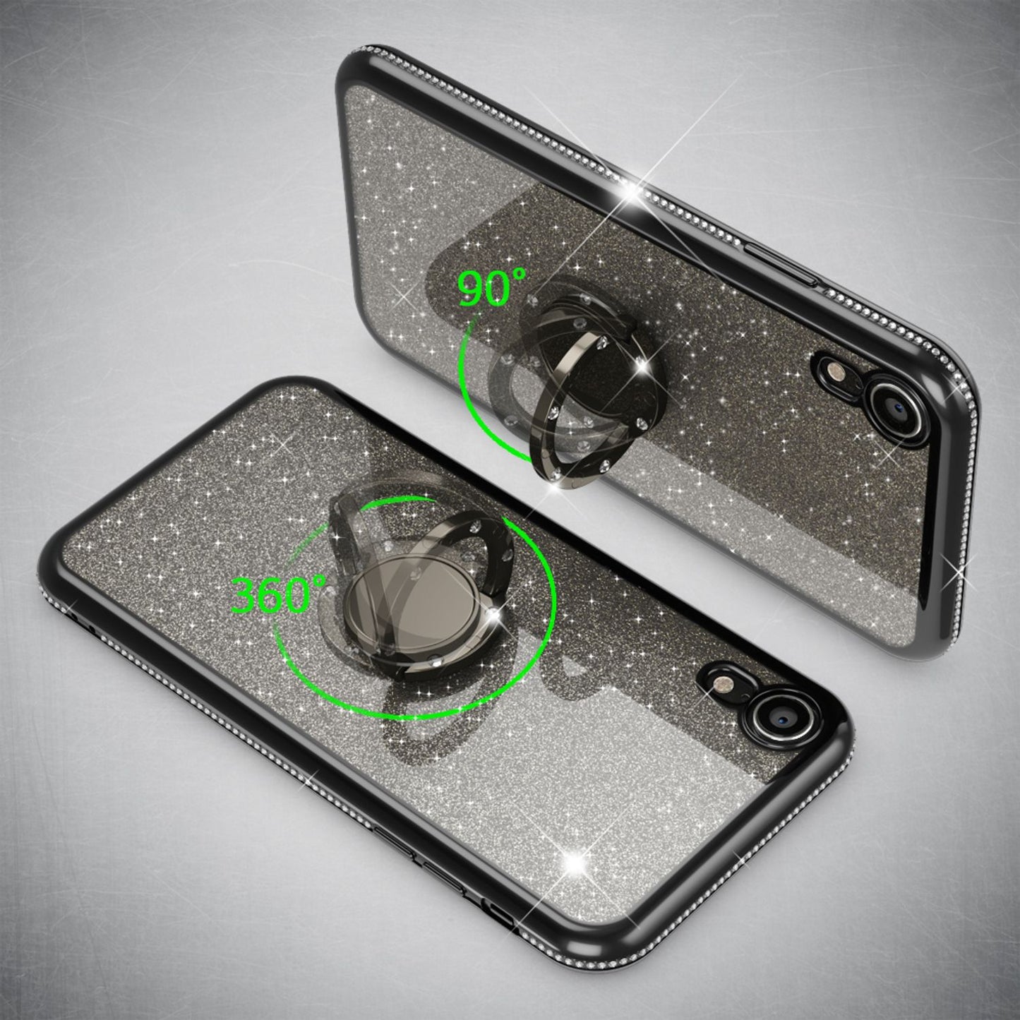 NALIA Ring Hülle kompatibel mit Apple iPhone XR, Glitzer Handyhülle Ultra-Slim Silikon Case Back-Cover mit 360-Grad Fingerhalterung, Schutzhülle Glitter Handy-Tasche Bumper Etui Skin