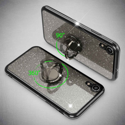 NALIA Ring Hülle kompatibel mit Apple iPhone XR, Glitzer Handyhülle Ultra-Slim Silikon Case Back-Cover mit 360-Grad Fingerhalterung, Schutzhülle Glitter Handy-Tasche Bumper Etui Skin