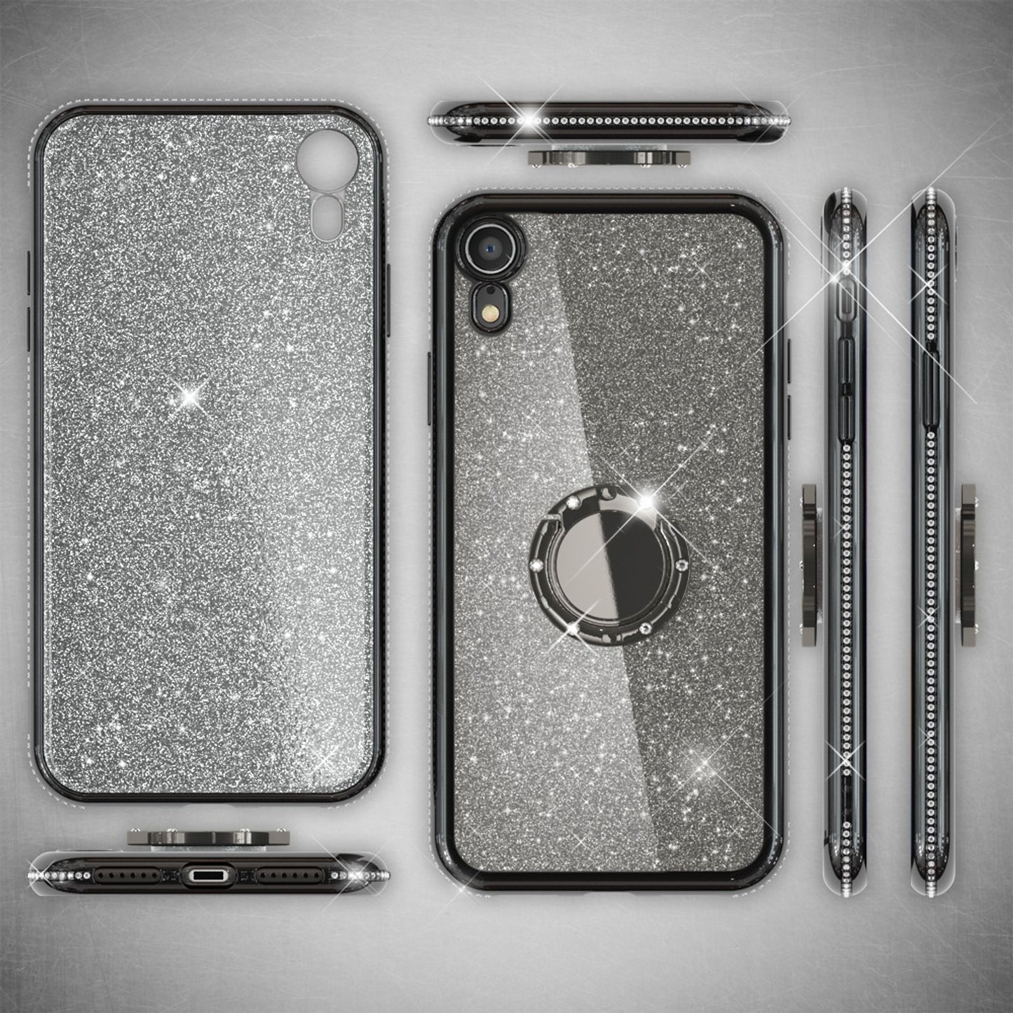 NALIA Ring Hülle kompatibel mit Apple iPhone XR, Glitzer Handyhülle Ultra-Slim Silikon Case Back-Cover mit 360-Grad Fingerhalterung, Schutzhülle Glitter Handy-Tasche Bumper Etui Skin