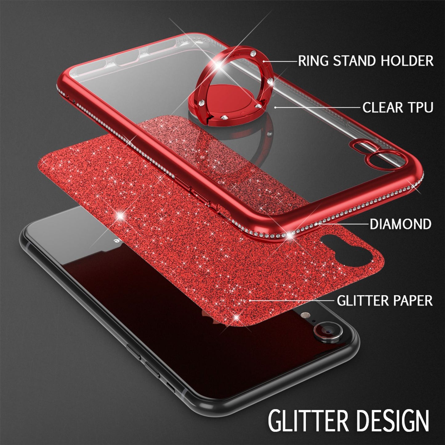NALIA Ring Hülle kompatibel mit Apple iPhone XR, Glitzer Handyhülle Ultra-Slim Silikon Case Back-Cover mit 360-Grad Fingerhalterung, Schutzhülle Glitter Handy-Tasche Bumper Etui Skin