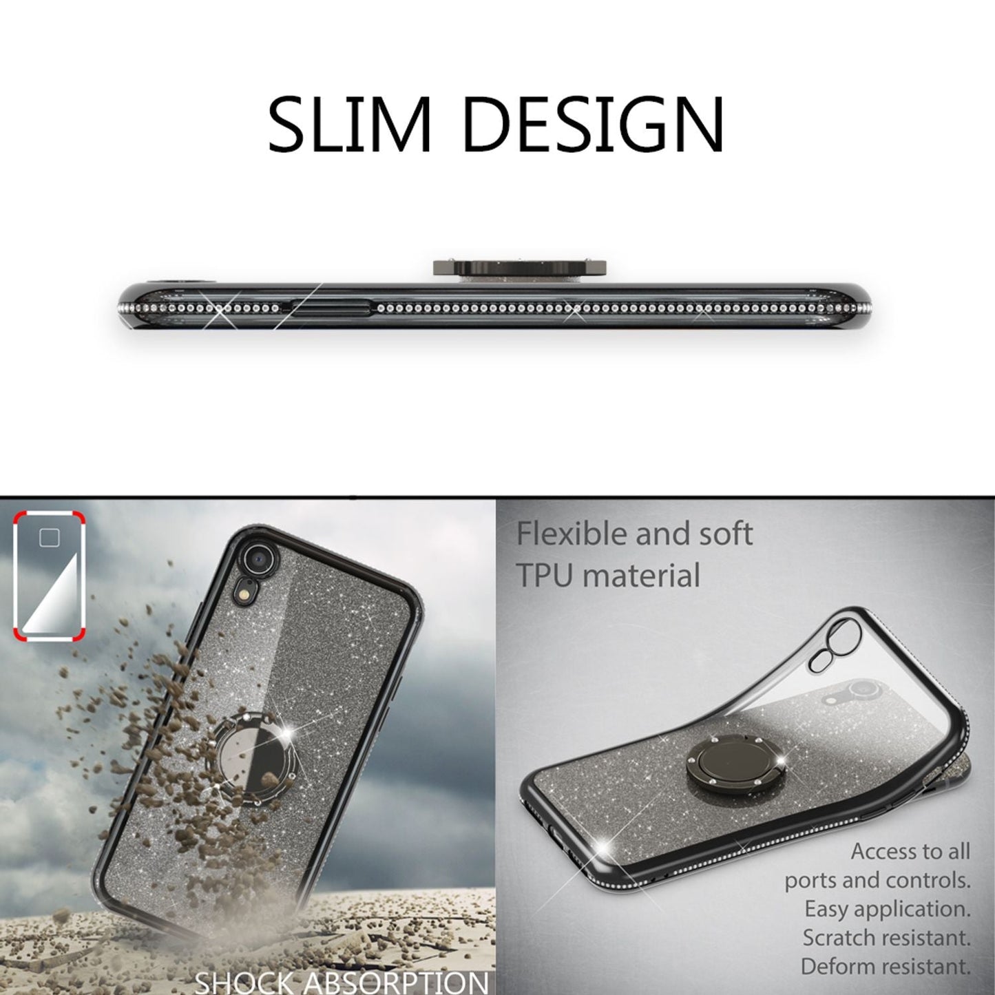 NALIA Ring Hülle kompatibel mit Apple iPhone XR, Glitzer Handyhülle Ultra-Slim Silikon Case Back-Cover mit 360-Grad Fingerhalterung, Schutzhülle Glitter Handy-Tasche Bumper Etui Skin