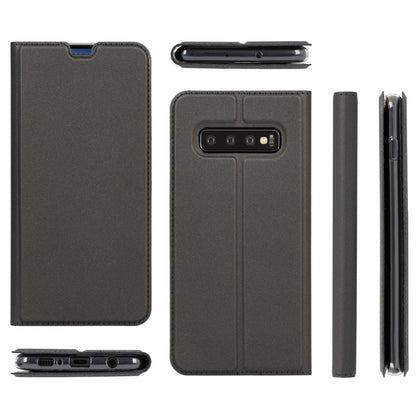 NALIA Hülle kompatibel mit Samsung Galaxy S10, Slim Kickstand Handyhülle Flip-Case Kunstleder Book-Cover mit Magnet, Etui Ganzkörper Schutzhülle Dünne Rundum Handy-Tasche Bumper - Schwarz Grau