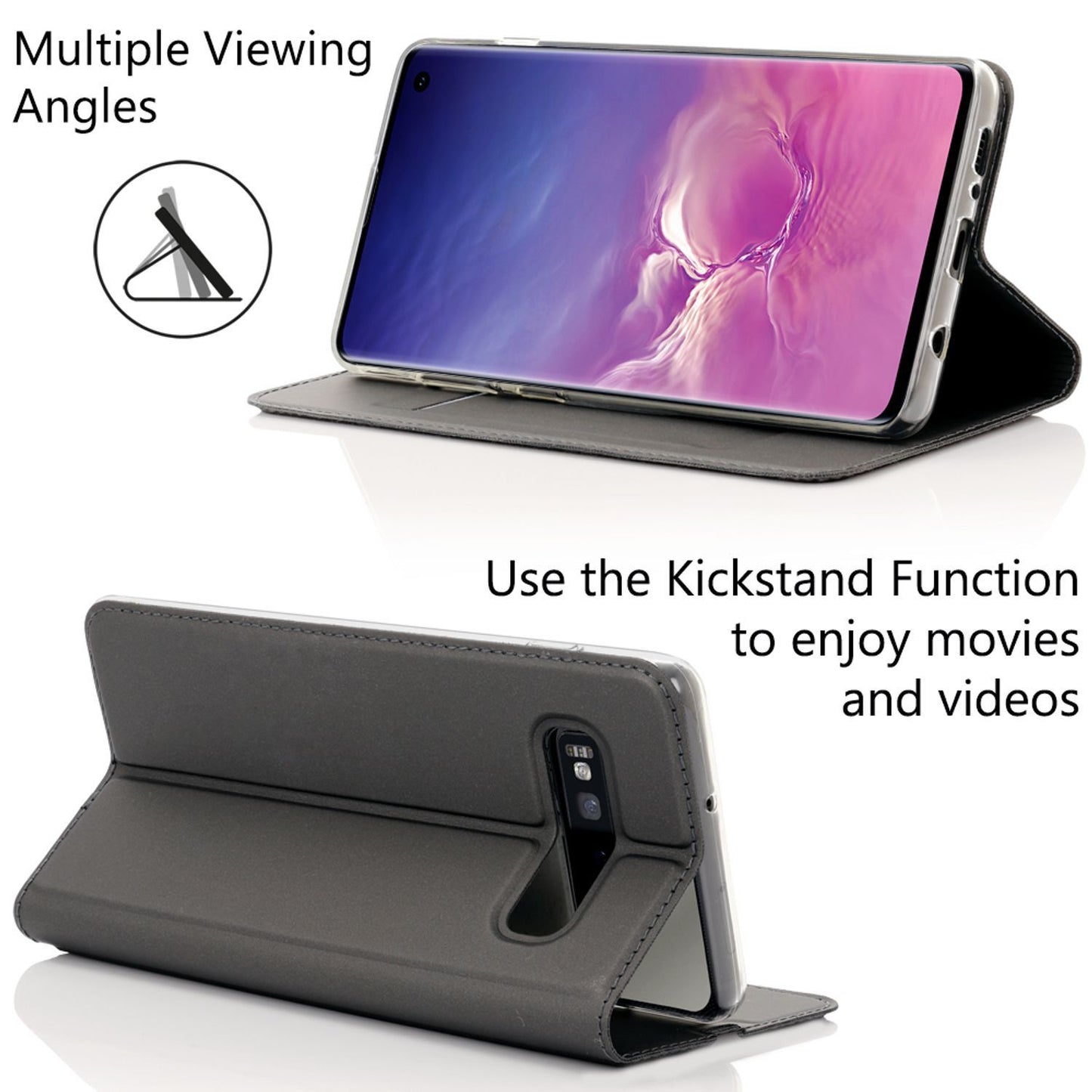 NALIA Hülle kompatibel mit Samsung Galaxy S10, Slim Kickstand Handyhülle Flip-Case Kunstleder Book-Cover mit Magnet, Etui Ganzkörper Schutzhülle Dünne Rundum Handy-Tasche Bumper - Schwarz Grau