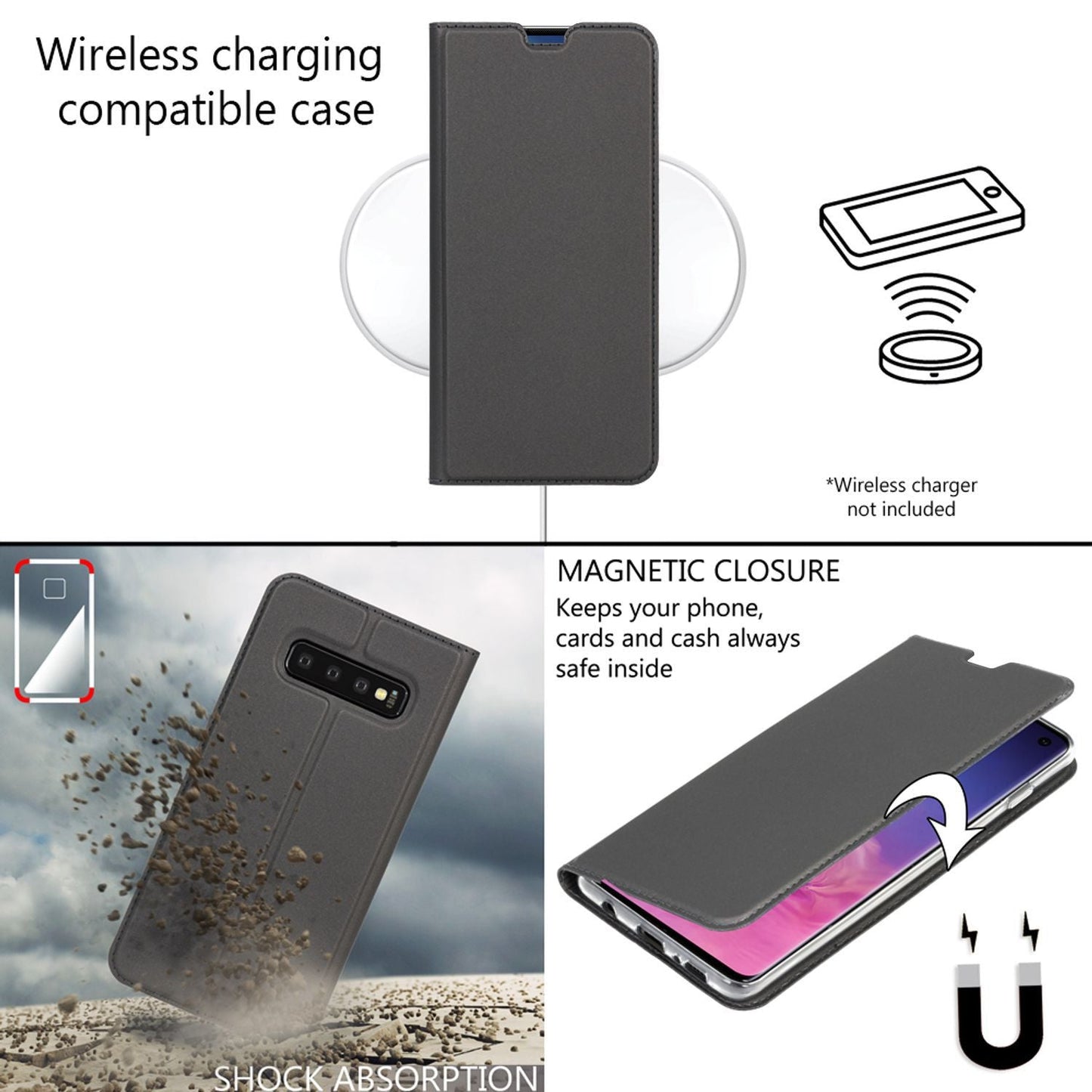 NALIA Hülle kompatibel mit Samsung Galaxy S10, Slim Kickstand Handyhülle Flip-Case Kunstleder Book-Cover mit Magnet, Etui Ganzkörper Schutzhülle Dünne Rundum Handy-Tasche Bumper - Schwarz Grau