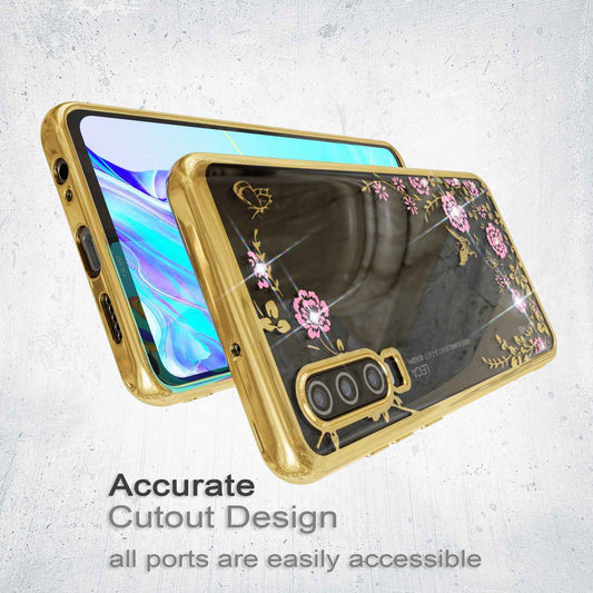 NALIA Hülle kompatibel mit Huawei P30, Durchsichtige Handyhülle Blumen-Muster Metall-Optik Glitzer-Steine, Ultra-Slim Silikon Case Dünne Schutzhülle Smart-Phone Bling Cover Etui Handy-Tasche - Gold