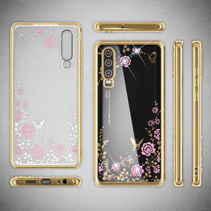 NALIA Hülle kompatibel mit Huawei P30, Durchsichtige Handyhülle Blumen-Muster Metall-Optik Glitzer-Steine, Ultra-Slim Silikon Case Dünne Schutzhülle Smart-Phone Bling Cover Etui Handy-Tasche - Gold