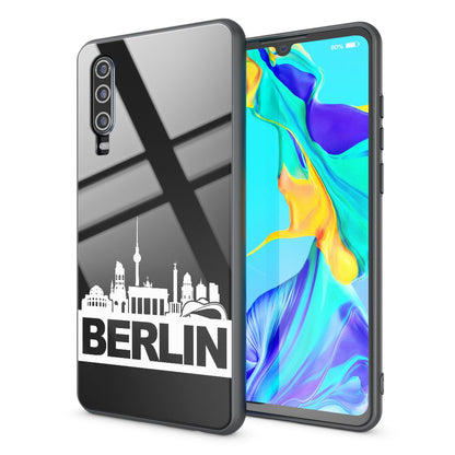 NALIA Hartglas Hülle kompatibel mit Huawei P30, Original Berlin Design Motiv Hardcase aus 9H Tempered Glass & Silikon Bumper, Robuste Handyhülle Cover Case