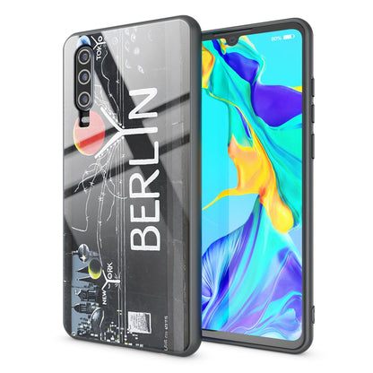 NALIA Hartglas Hülle kompatibel mit Huawei P30, Original Berlin Design Motiv Hardcase aus 9H Tempered Glass & Silikon Bumper, Robuste Handyhülle Cover Case