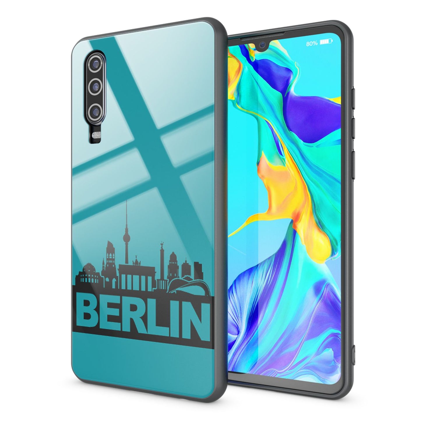 NALIA Hartglas Hülle kompatibel mit Huawei P30, Original Berlin Design Motiv Hardcase aus 9H Tempered Glass & Silikon Bumper, Robuste Handyhülle Cover Case