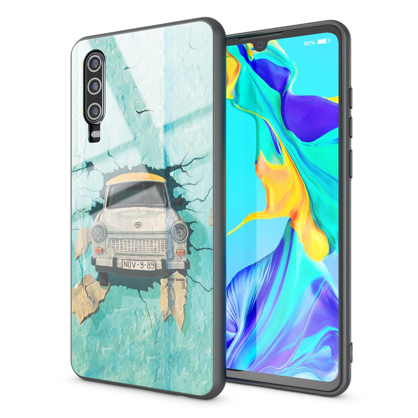 NALIA Hartglas Hülle kompatibel mit Huawei P30, Original Berlin Design Motiv Hardcase aus 9H Tempered Glass & Silikon Bumper, Robuste Handyhülle Cover Case
