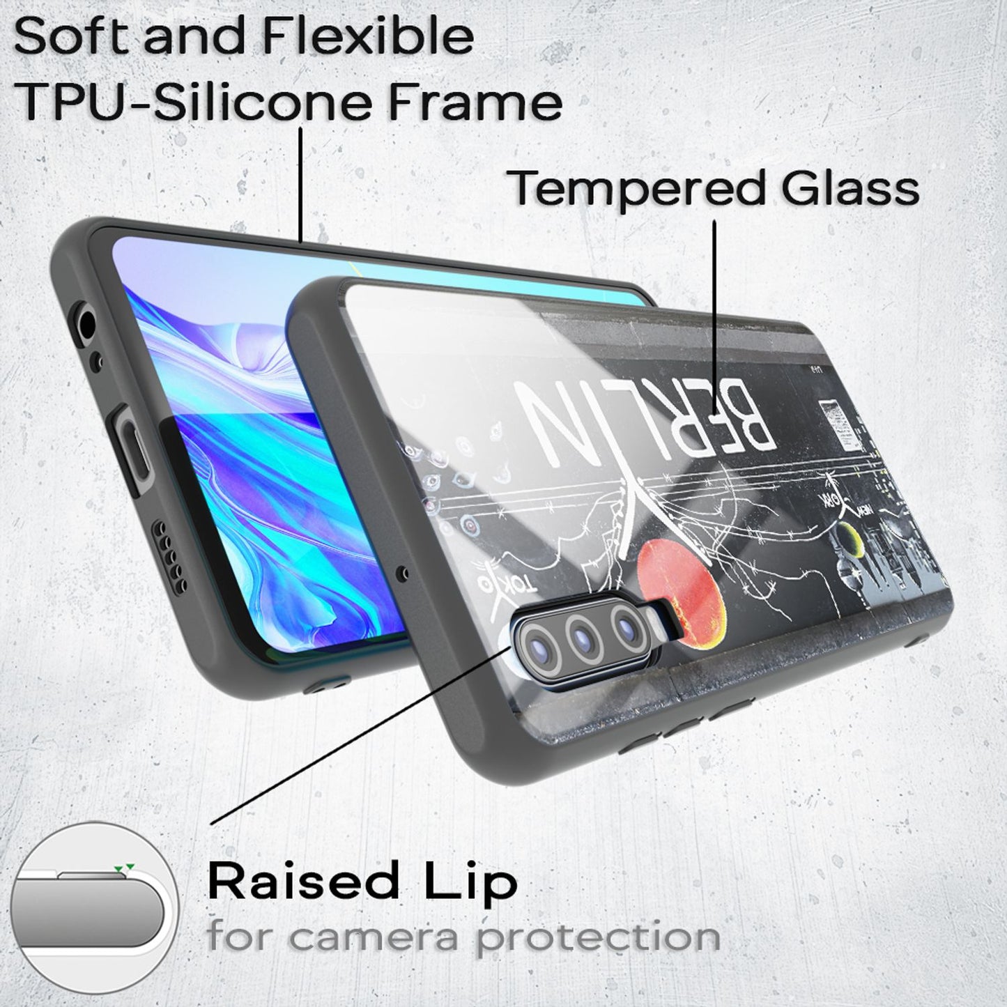 NALIA Hartglas Hülle kompatibel mit Huawei P30, Original Berlin Design Motiv Hardcase aus 9H Tempered Glass & Silikon Bumper, Robuste Handyhülle Cover Case