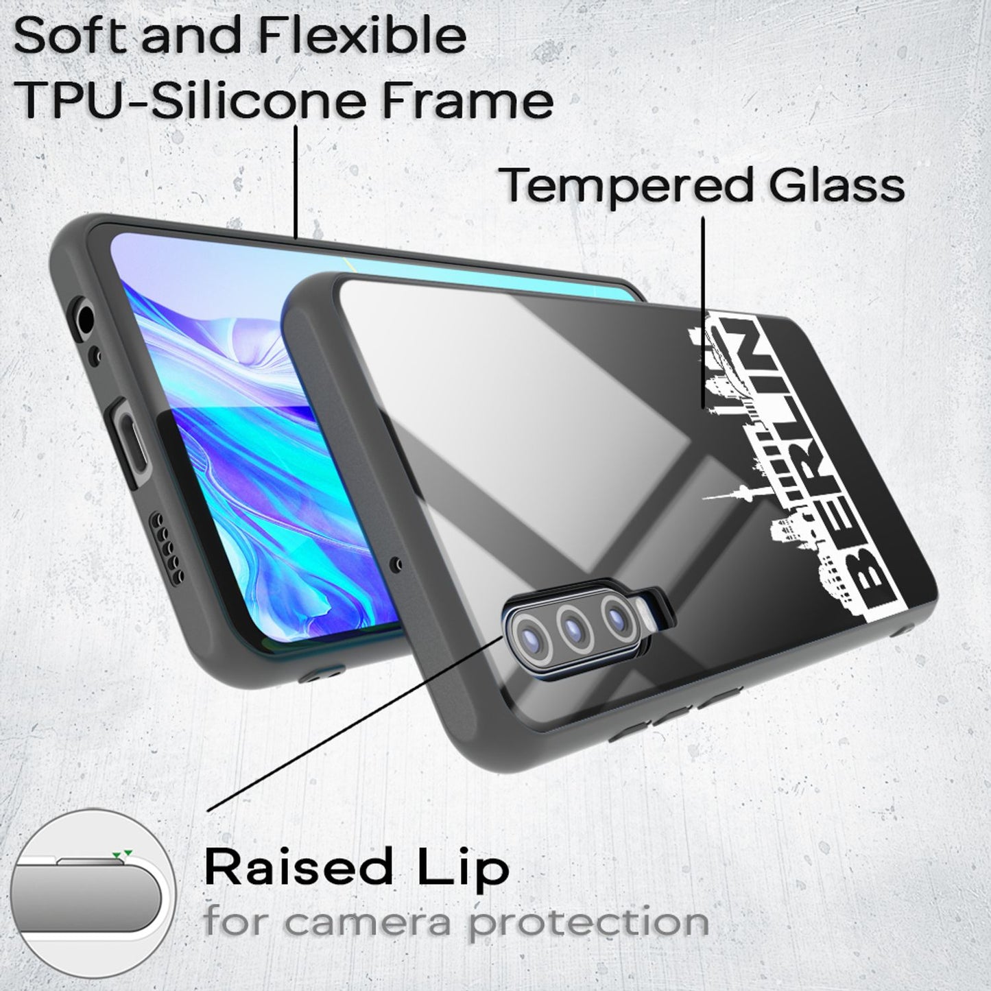 NALIA Hartglas Hülle kompatibel mit Huawei P30, Original Berlin Design Motiv Hardcase aus 9H Tempered Glass & Silikon Bumper, Robuste Handyhülle Cover Case