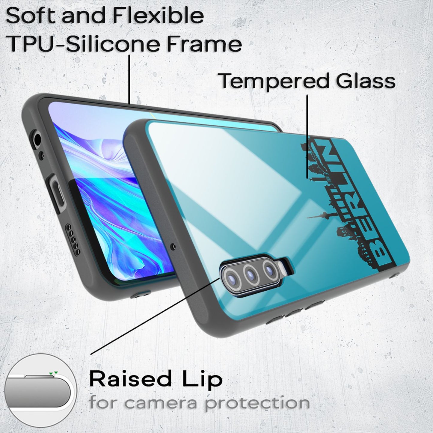 NALIA Hartglas Hülle kompatibel mit Huawei P30, Original Berlin Design Motiv Hardcase aus 9H Tempered Glass & Silikon Bumper, Robuste Handyhülle Cover Case