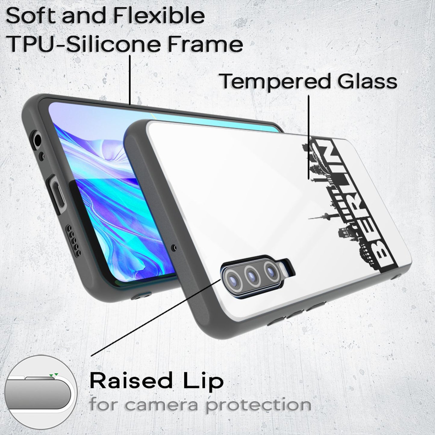 NALIA Hartglas Hülle kompatibel mit Huawei P30, Original Berlin Design Motiv Hardcase aus 9H Tempered Glass & Silikon Bumper, Robuste Handyhülle Cover Case