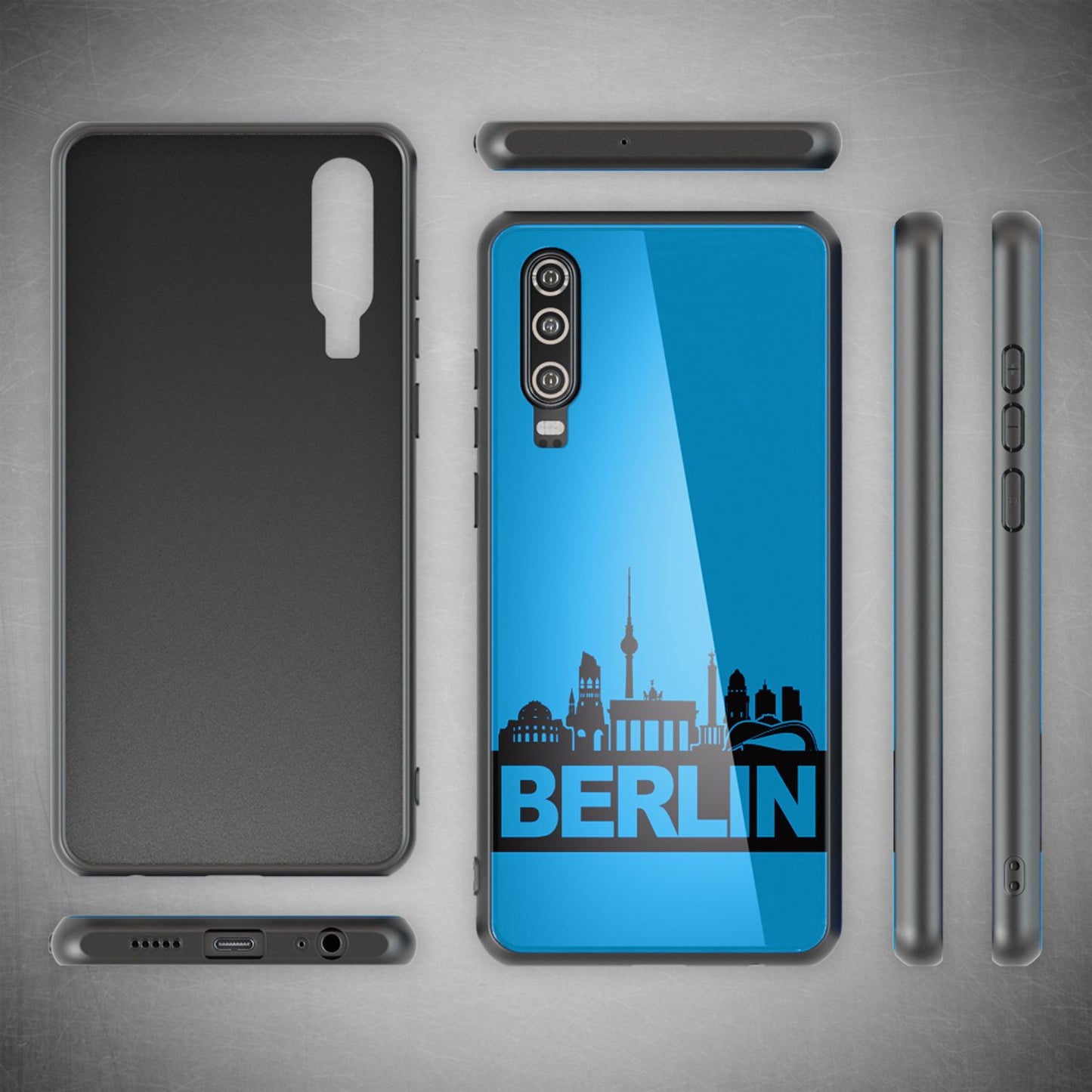 NALIA Hartglas Hülle kompatibel mit Huawei P30, Original Berlin Design Motiv Hardcase aus 9H Tempered Glass & Silikon Bumper, Robuste Handyhülle Cover Case