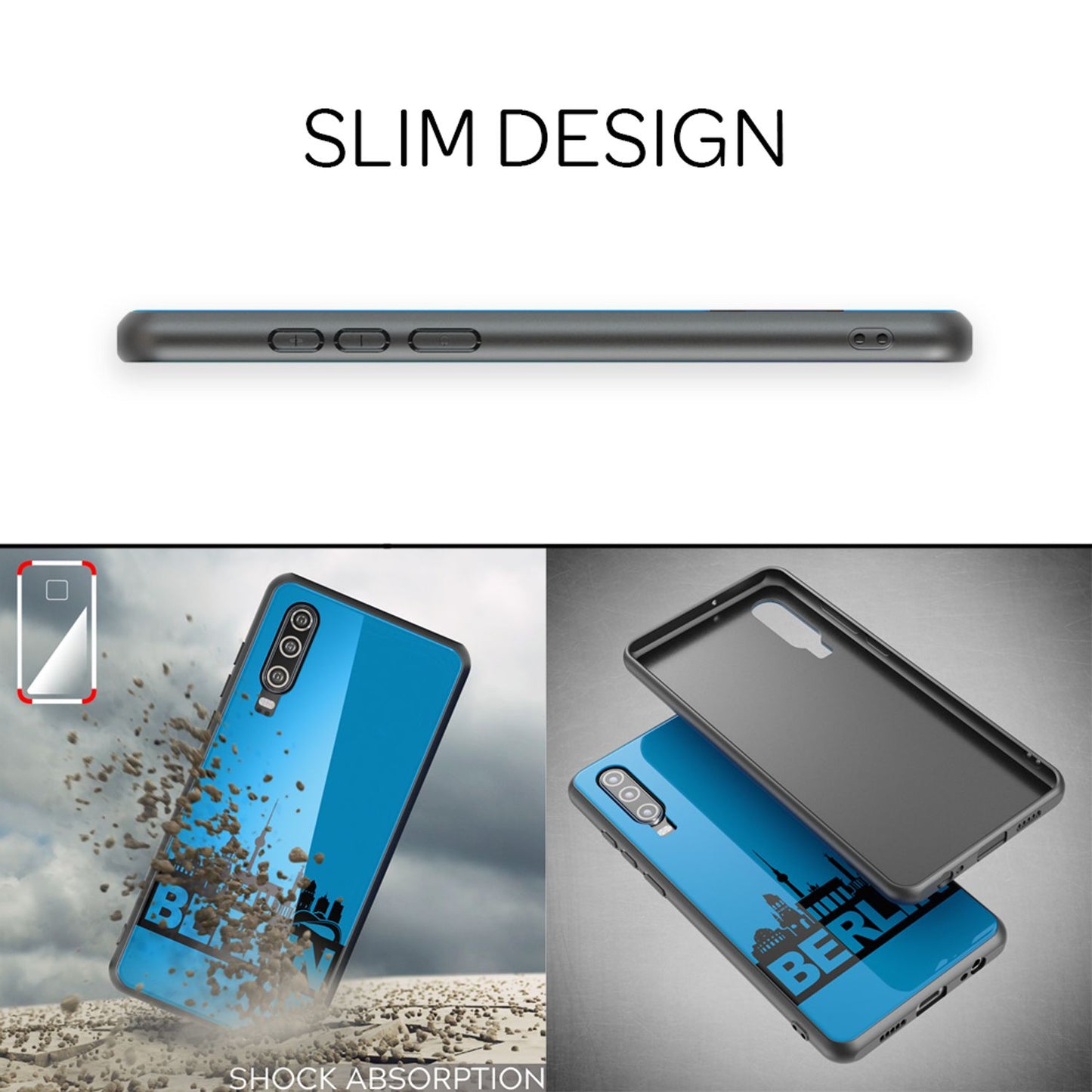 NALIA Hartglas Hülle kompatibel mit Huawei P30, Original Berlin Design Motiv Hardcase aus 9H Tempered Glass & Silikon Bumper, Robuste Handyhülle Cover Case