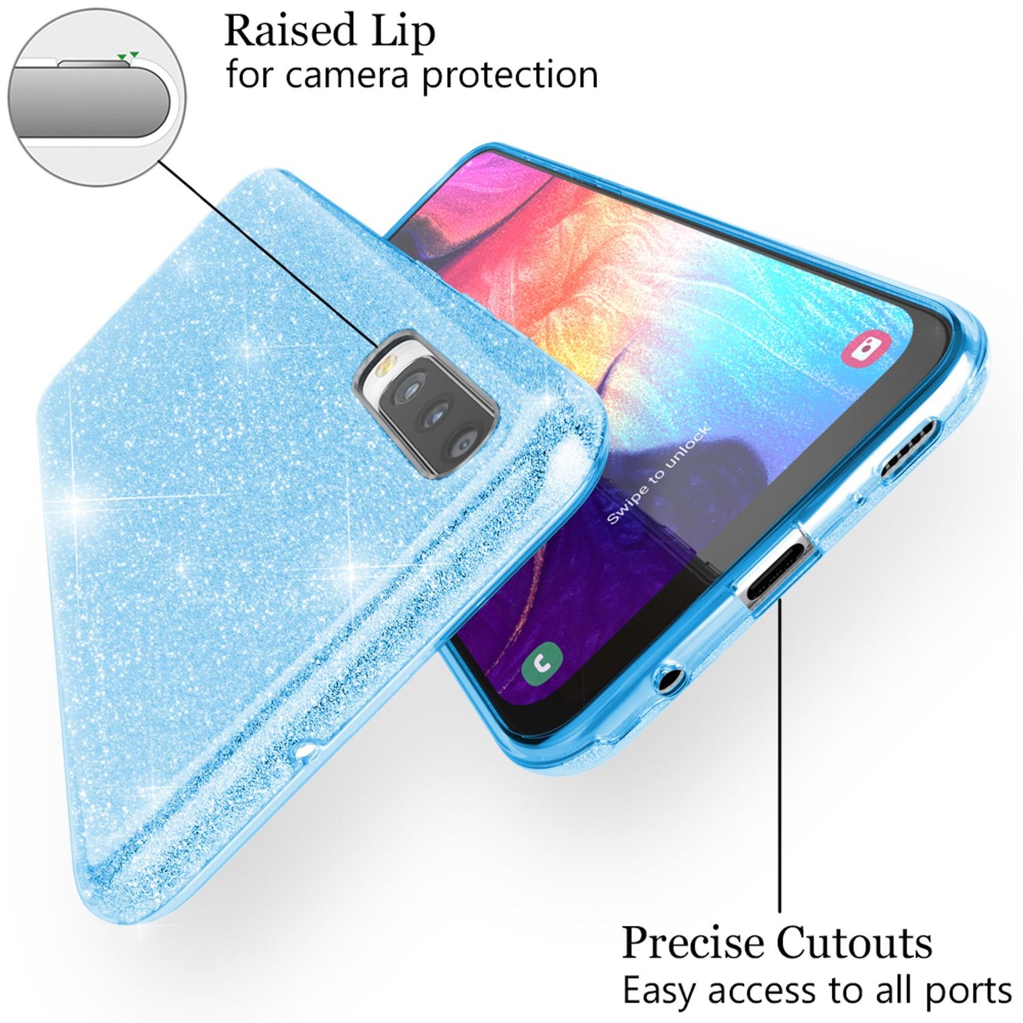NALIA Glitzerhülle für Samsung Galaxy A50 – Funkelnder Glitzer-Look & Grip – SHINEPOP (Silikon Case) – Marke aus Berlin