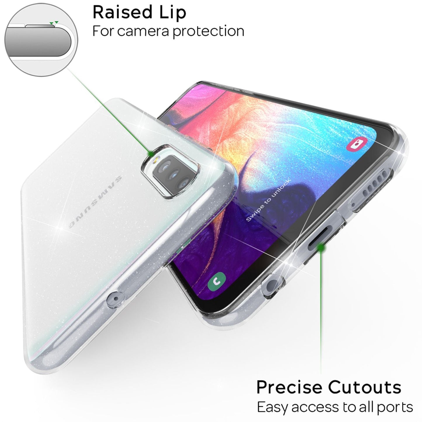 NALIA Glitzerhülle für Samsung Galaxy A50 – Funkelndes Silikon Case – DAZZLIN (Transparent & Stoßfest) – Marke aus Berlin