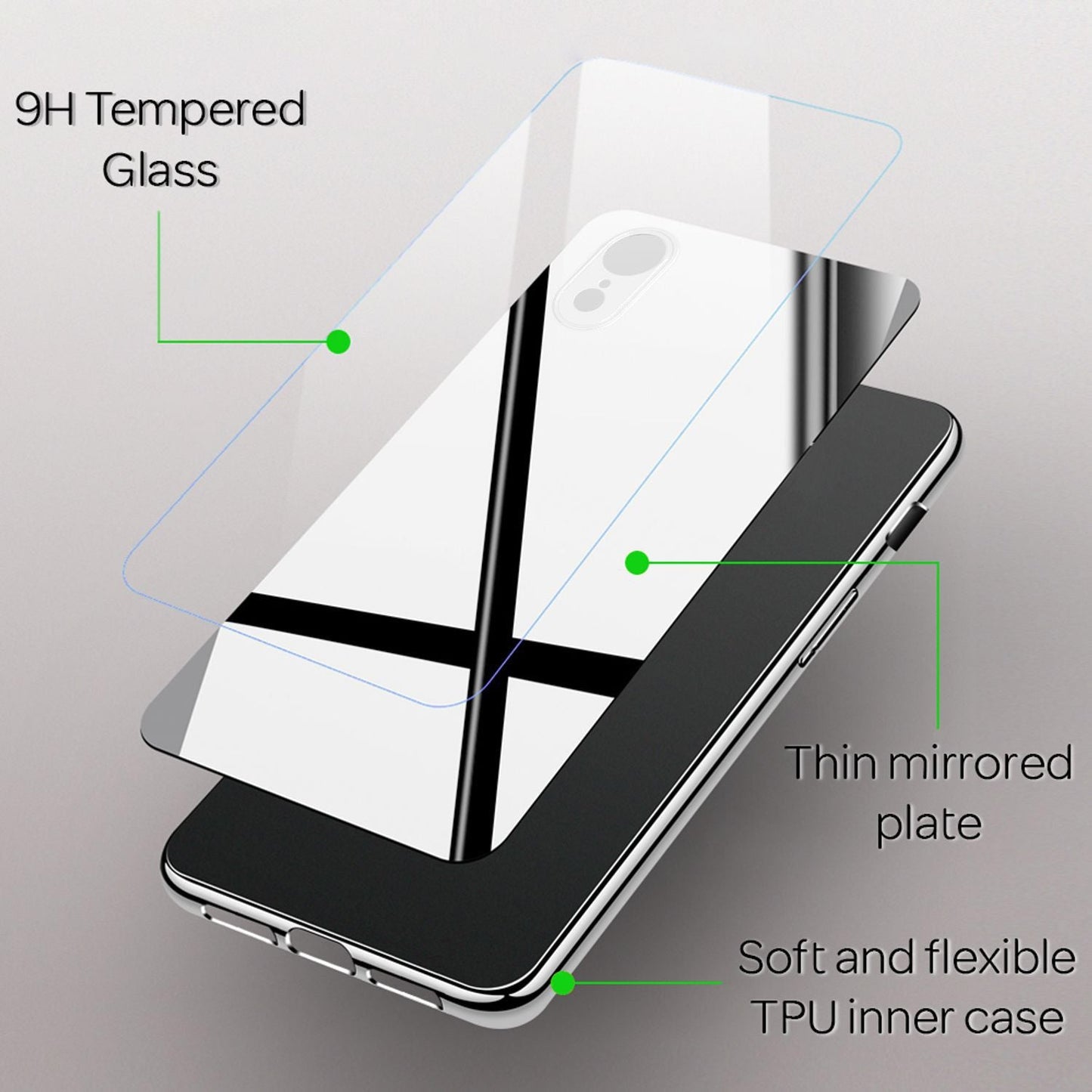 NALIA Spiegel Hartglas Hülle kompatibel mit iPhone XR, Mirror Hard-Case 9H Tempered Glass Cover & Silikon Bumper, Robuste Handyhülle Schutzhülle Etui Handy-Tasche Dünn Backcover