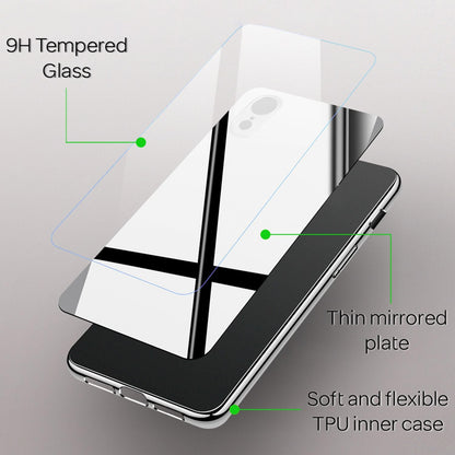 NALIA Spiegel Hartglas Hülle kompatibel mit iPhone XR, Mirror Hard-Case 9H Tempered Glass Cover & Silikon Bumper, Robuste Handyhülle Schutzhülle Etui Handy-Tasche Dünn Backcover