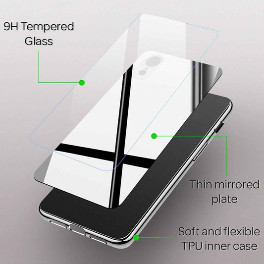 NALIA Spiegel Hartglas Hülle kompatibel mit iPhone XR, Mirror Hard-Case 9H Tempered Glass Cover & Silikon Bumper, Robuste Handyhülle Schutzhülle Etui Handy-Tasche Dünn Backcover