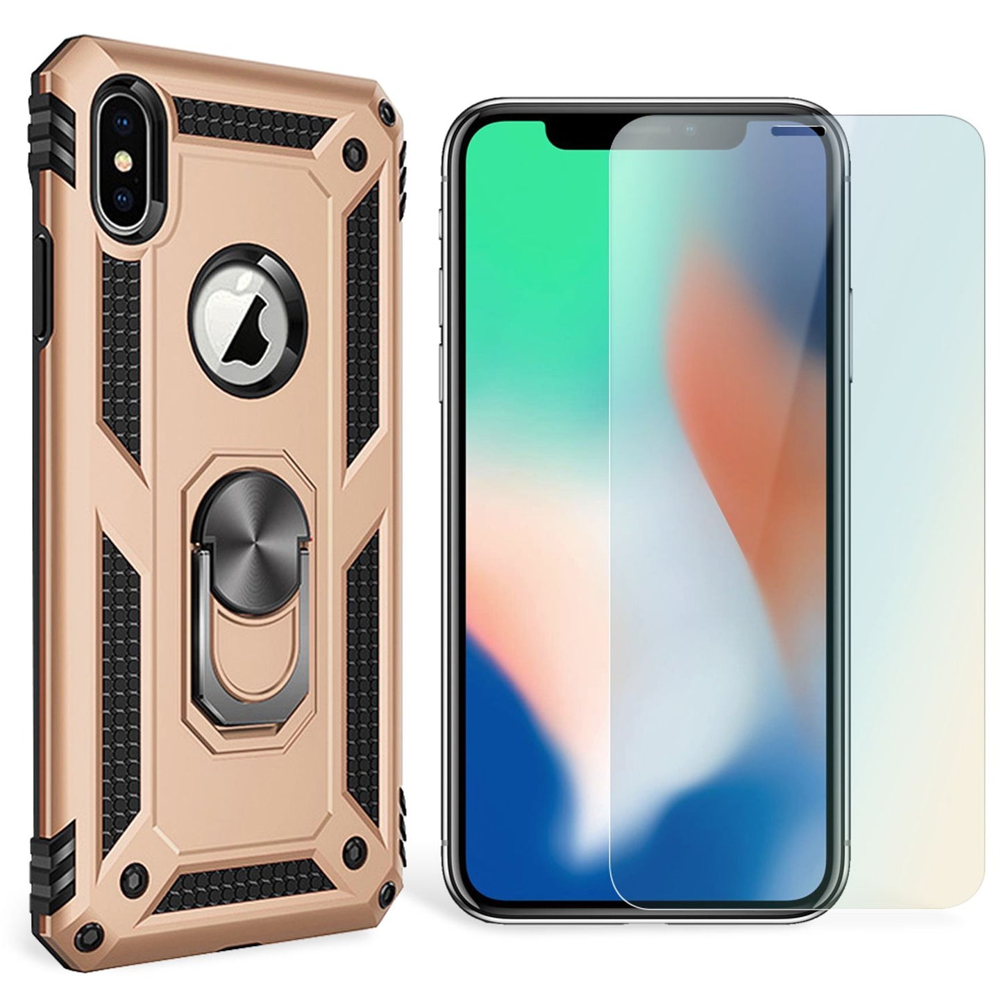 NALIA Ring Hülle + Schutzglas kompatibel mit iPhone X / XS, 9H Displayschutz & 360° Finger-Halter Handyhülle für magnetische KFZ-Halterung, Silikon Cover Etui & Hard-Case Bumper