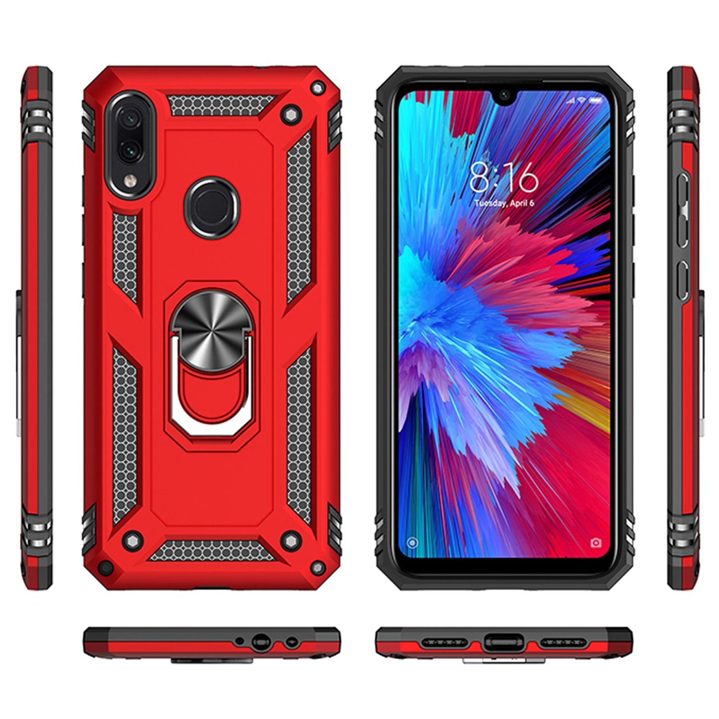 NALIA Panzerhülle für Xiaomi Redmi Note 7 – Ring-Ständer 360° & Magnet-Halterung Kompatibel – RINGDEFEND (Stoßfestes Outdoor Case) – Marke aus Berlin