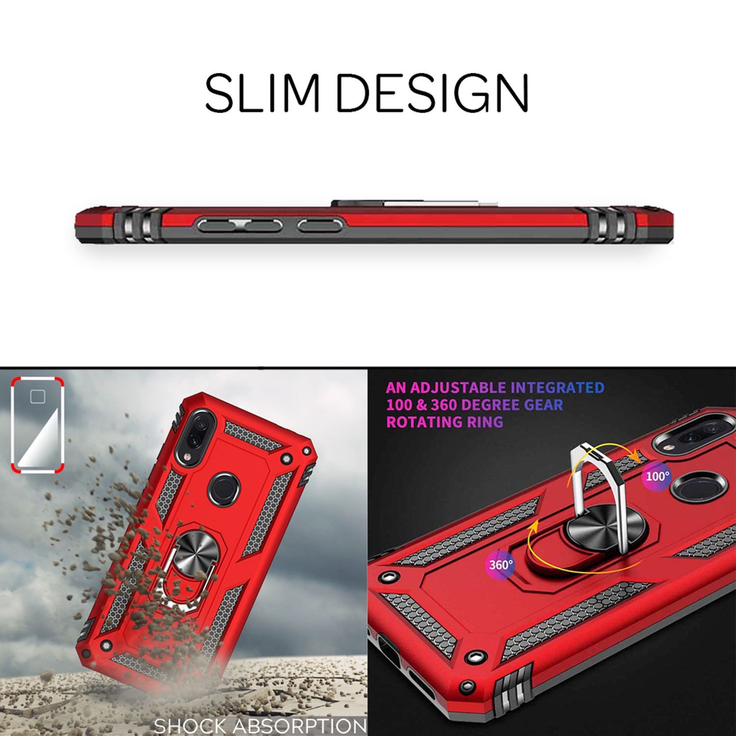 NALIA Panzerhülle für Xiaomi Redmi Note 7 – Ring-Ständer 360° & Magnet-Halterung Kompatibel – RINGDEFEND (Stoßfestes Outdoor Case) – Marke aus Berlin