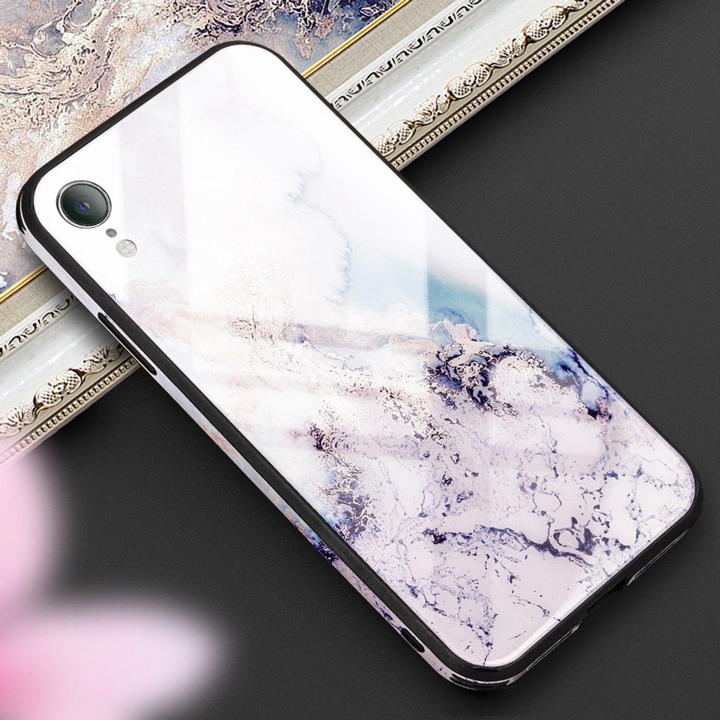 NALIA Hartglas Hülle kompatibel mit iPhone XR, Marmor Design Hard-Case aus 9H Tempered Glass & Silikon Bumper, Robuste Motiv Handyhülle Phone Cover Schutzhülle Handy-Tasche