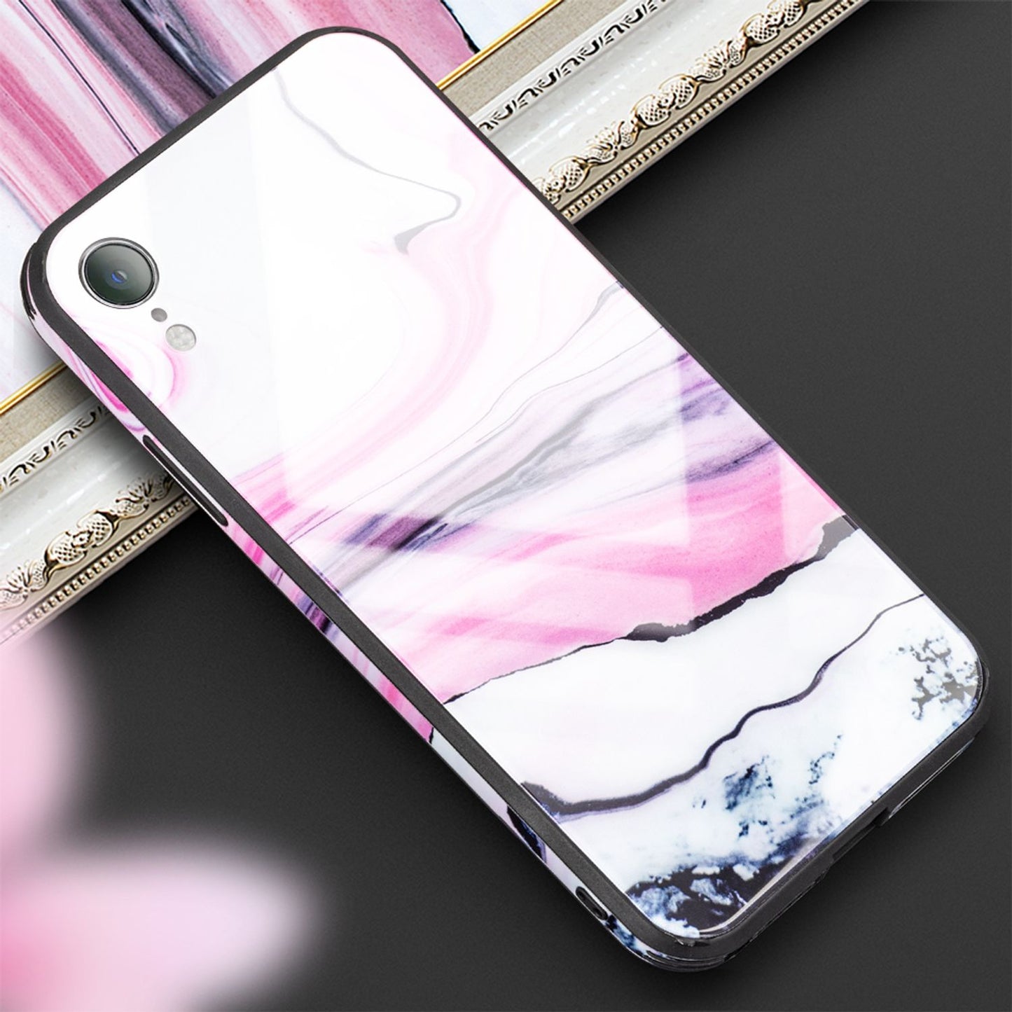 NALIA Hartglas Hülle kompatibel mit iPhone XR, Marmor Design Hard-Case aus 9H Tempered Glass & Silikon Bumper, Robuste Motiv Handyhülle Phone Cover Schutzhülle Handy-Tasche