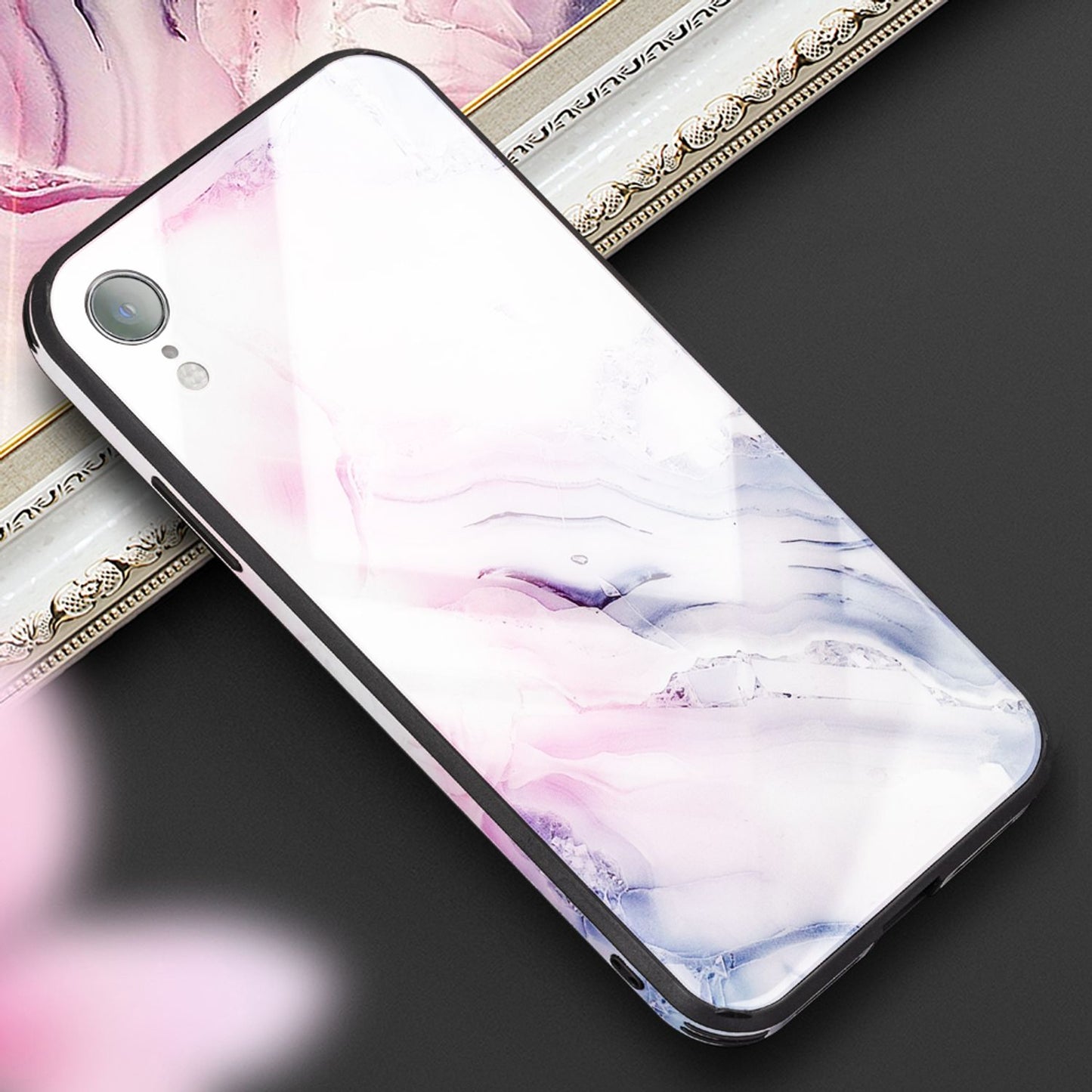 NALIA Hartglas Hülle kompatibel mit iPhone XR, Marmor Design Hard-Case aus 9H Tempered Glass & Silikon Bumper, Robuste Motiv Handyhülle Phone Cover Schutzhülle Handy-Tasche