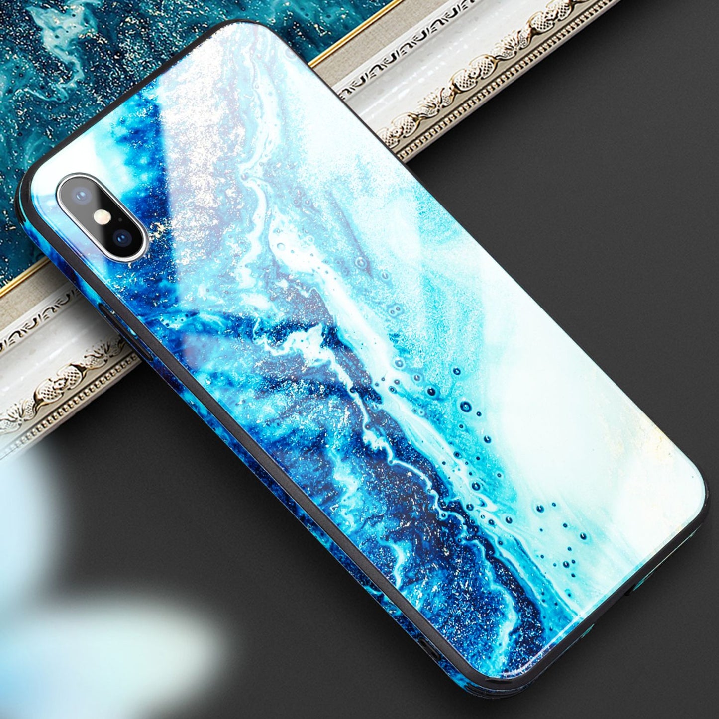 NALIA Hartglas Hülle kompatibel mit iPhone XS Max, Marmor Design Hard-Case aus 9H Tempered Glass & Silikon Bumper, Robuste Handyhülle Phone Cover Schutzhülle Handy-Tasche