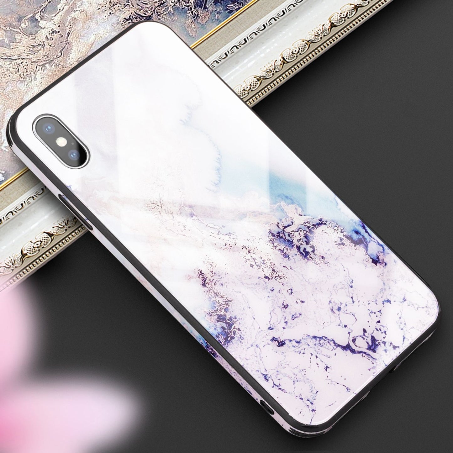 NALIA Hartglas Hülle kompatibel mit iPhone XS Max, Marmor Design Hard-Case aus 9H Tempered Glass & Silikon Bumper, Robuste Handyhülle Phone Cover Schutzhülle Handy-Tasche