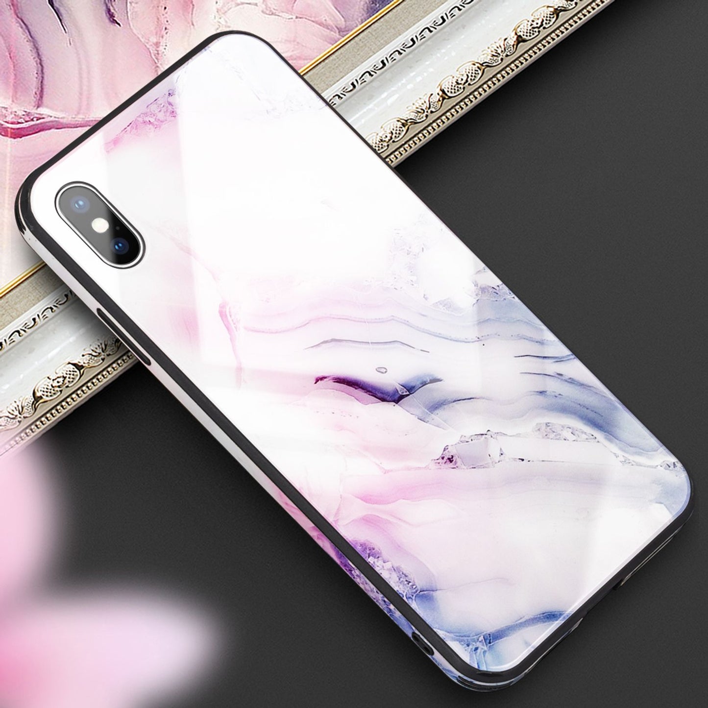 NALIA Hartglas Hülle kompatibel mit iPhone XS Max, Marmor Design Hard-Case aus 9H Tempered Glass & Silikon Bumper, Robuste Handyhülle Phone Cover Schutzhülle Handy-Tasche