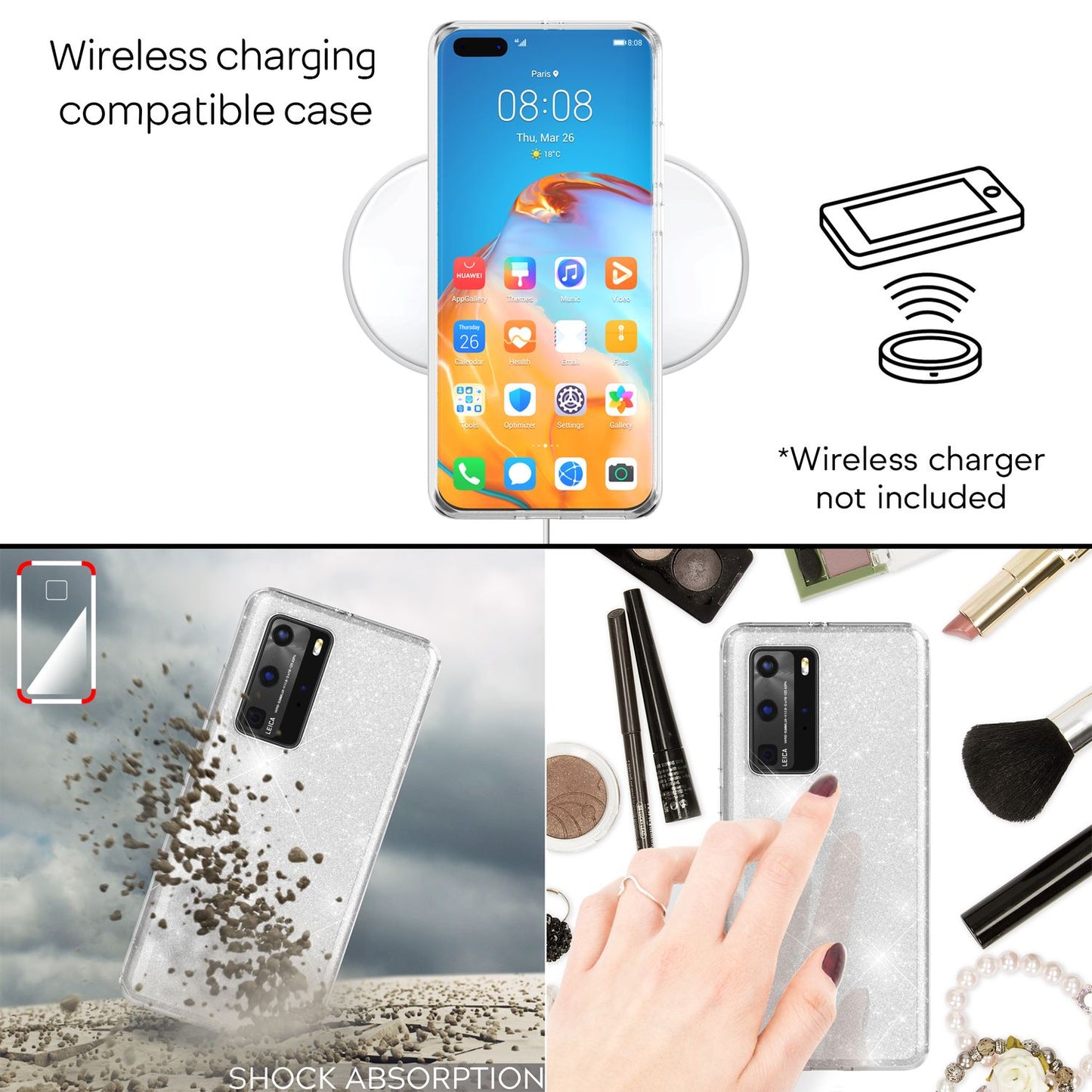 NALIA Glitzerhülle für Huawei P40 Pro – Funkelnder Glitzer-Look & Grip – SHINEPOP (Silikon Case) – Marke aus Berlin