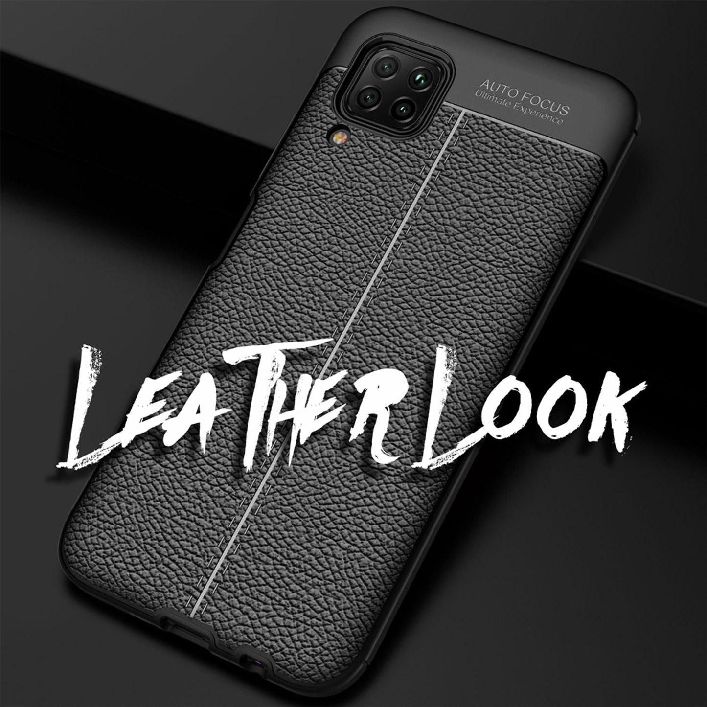 NALIA Design Case kompatibel mit Huawei P40 Lite Hülle, Leder Optik Stylische Handyhülle Stoßfeste Silikon Schutzhülle, Slim Phone Backcover Dünne Handy-Tasche Cover Bumper Robust Etui - Schwarz